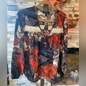 Karen Kane Blouse Patchwork Paisley Fall Colors Lace Detail Long Sleeve Med New